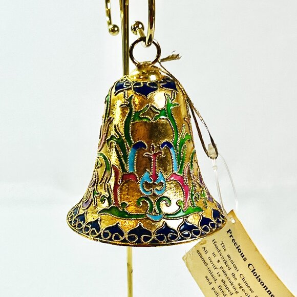 Cloisonne Vintage Bell Openwork Twisted Wire Enamel Navy Pink Brass Ornament - Picture 2 of 7